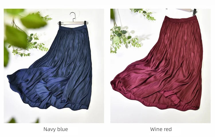 Summer Silky Skirt Elastic High Waist Glossy Silky Long Skirt Milk Silk A-line Long Skirts Women Beach Pearlescent Dress