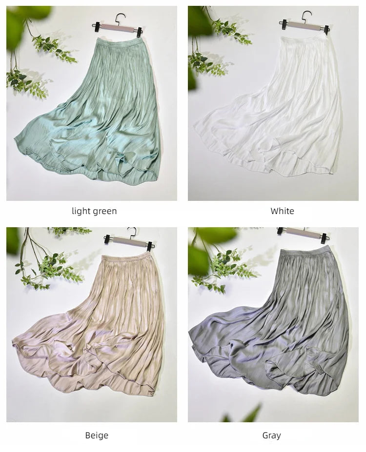 Summer Silky Skirt Elastic High Waist Glossy Silky Long Skirt Milk Silk A-line Long Skirts Women Beach Pearlescent Dress