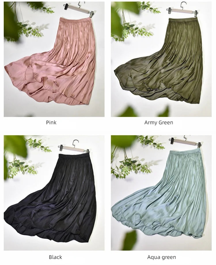 Summer Silky Skirt Elastic High Waist Glossy Silky Long Skirt Milk Silk A-line Long Skirts Women Beach Pearlescent Dress
