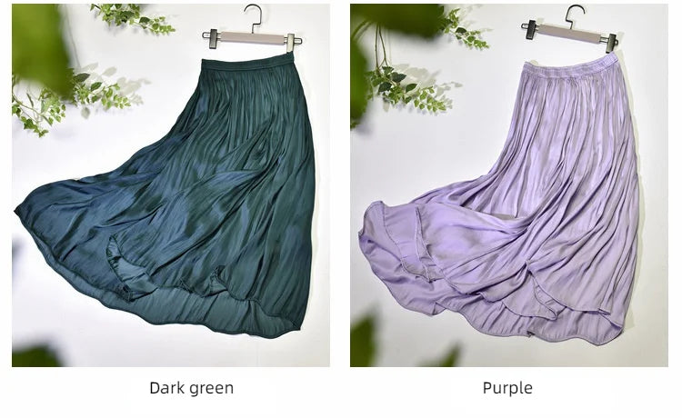 Summer Silky Skirt Elastic High Waist Glossy Silky Long Skirt Milk Silk A-line Long Skirts Women Beach Pearlescent Dress