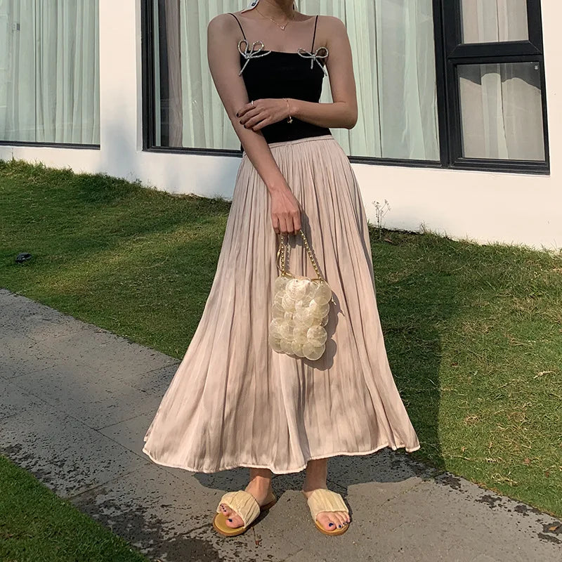 Summer Silky Skirt Elastic High Waist Glossy Silky Long Skirt Milk Silk A-line Long Skirts Women Beach Pearlescent Dress