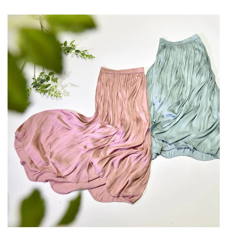 Summer Silky Skirt Elastic High Waist Glossy Silky Long Skirt Milk Silk A-line Long Skirts Women Beach Pearlescent Dress