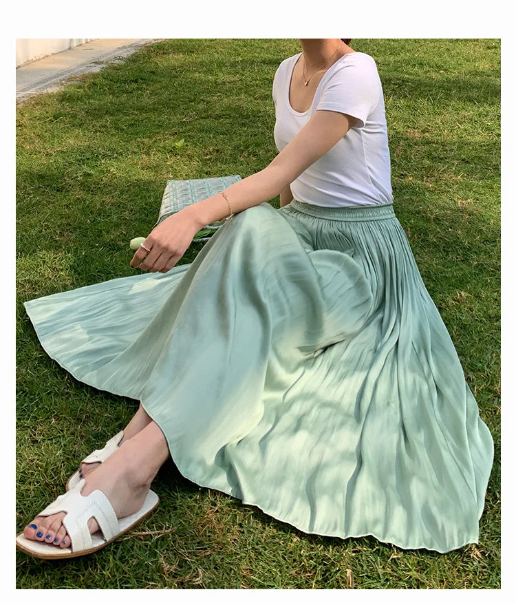 Summer Silky Skirt Elastic High Waist Glossy Silky Long Skirt Milk Silk A-line Long Skirts Women Beach Pearlescent Dress