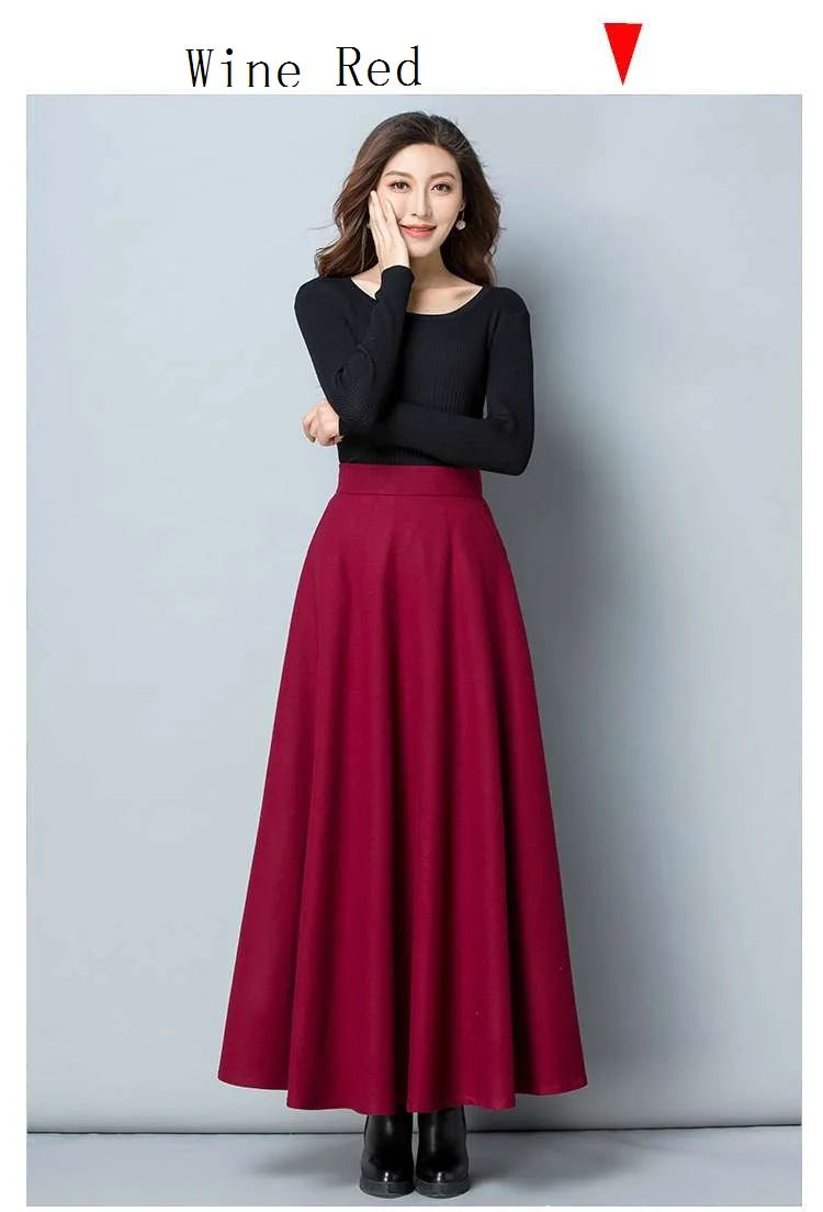 FairyShely 2025 Autumn Winter Retro High Waist Pleated Skirt Women Casual Pocket Woolen Maxi Skirt female Flare Red Long skirt
