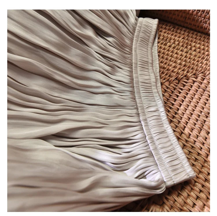 Summer Silky Skirt Elastic High Waist Glossy Silky Long Skirt Milk Silk A-line Long Skirts Women Beach Pearlescent Dress