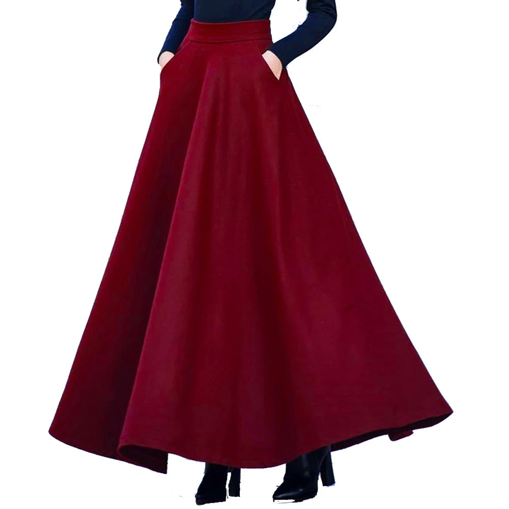 FairyShely 2025 Autumn Winter Retro High Waist Pleated Skirt Women Casual Pocket Woolen Maxi Skirt female Flare Red Long skirt