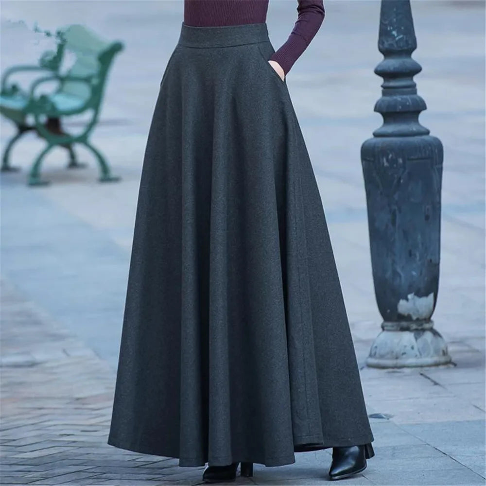 FairyShely 2025 Autumn Winter Retro High Waist Pleated Skirt Women Casual Pocket Woolen Maxi Skirt female Flare Red Long skirt