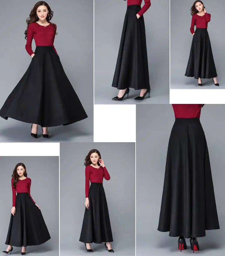 FairyShely 2025 Autumn Winter Retro High Waist Pleated Skirt Women Casual Pocket Woolen Maxi Skirt female Flare Red Long skirt