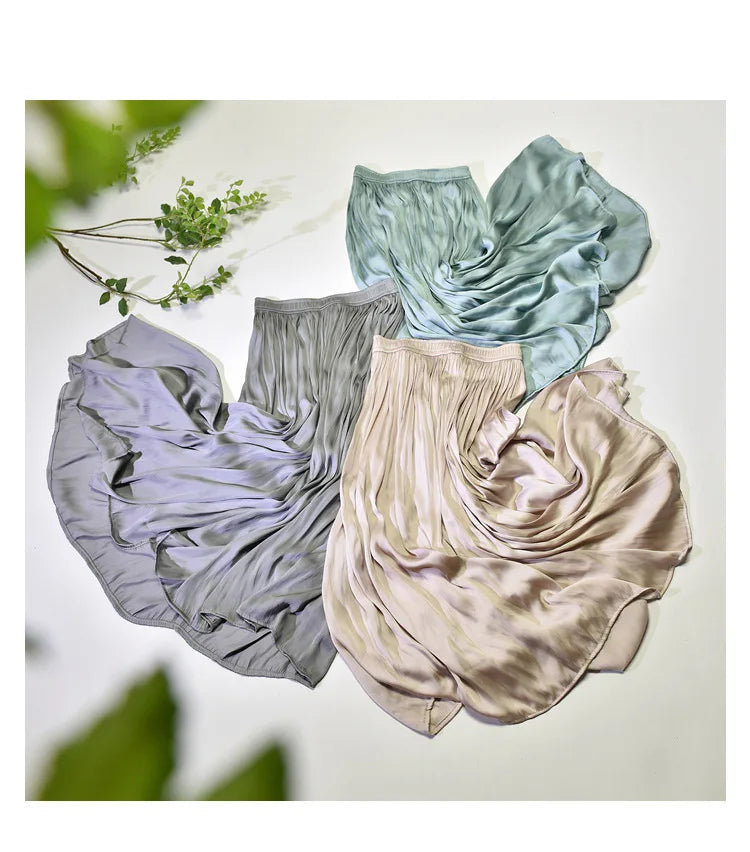 Summer Silky Skirt Elastic High Waist Glossy Silky Long Skirt Milk Silk A-line Long Skirts Women Beach Pearlescent Dress