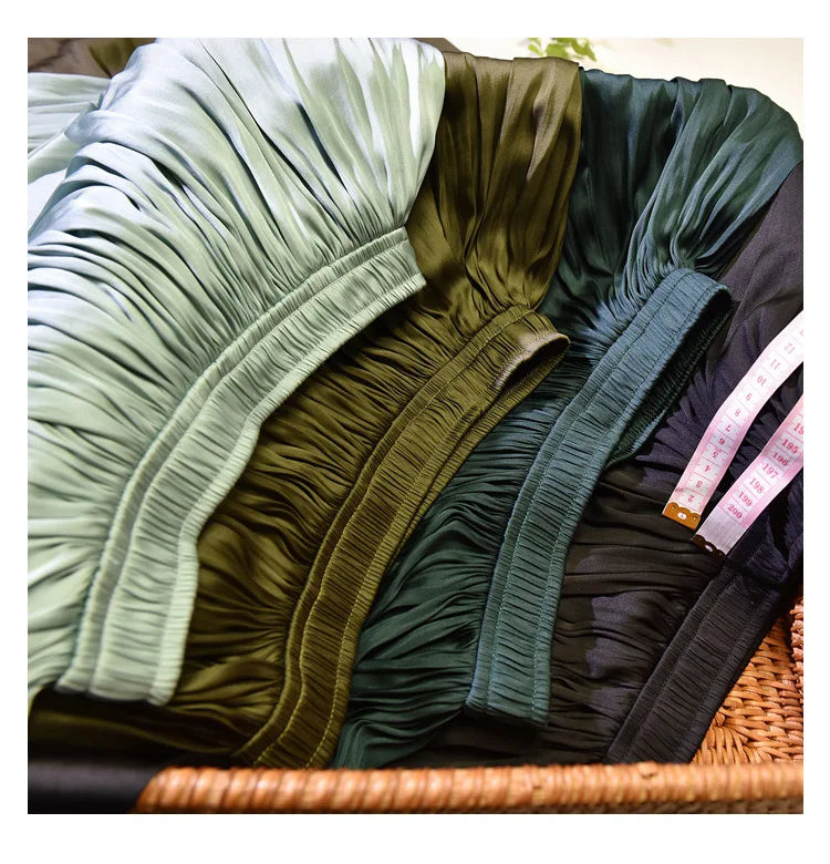 Summer Silky Skirt Elastic High Waist Glossy Silky Long Skirt Milk Silk A-line Long Skirts Women Beach Pearlescent Dress
