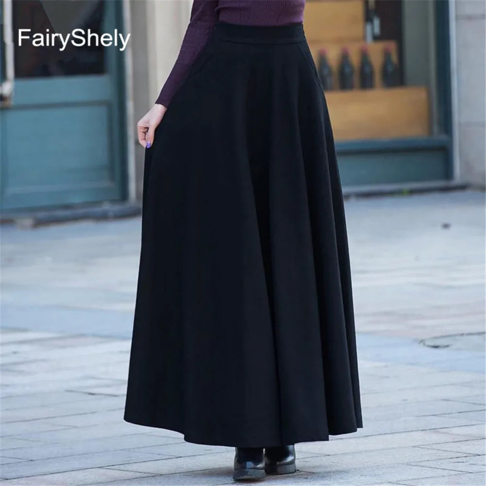 FairyShely 2025 Autumn Winter Retro High Waist Pleated Skirt Women Casual Pocket Woolen Maxi Skirt female Flare Red Long skirt