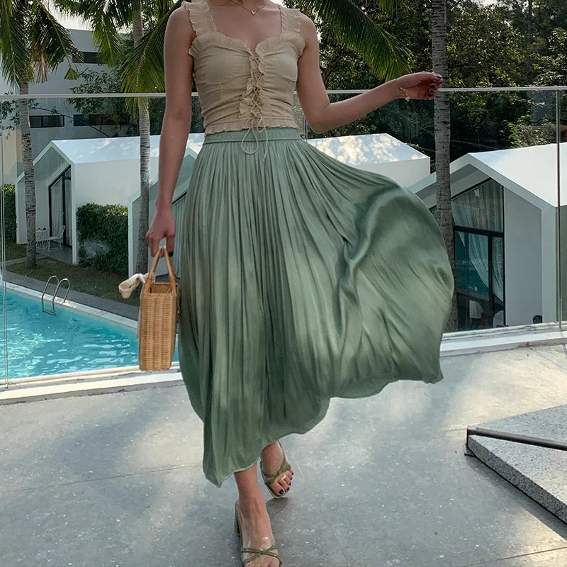 Summer Silky Skirt Elastic High Waist Glossy Silky Long Skirt Milk Silk A-line Long Skirts Women Beach Pearlescent Dress