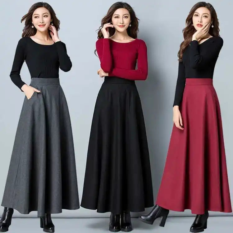 FairyShely 2025 Autumn Winter Retro High Waist Pleated Skirt Women Casual Pocket Woolen Maxi Skirt female Flare Red Long skirt