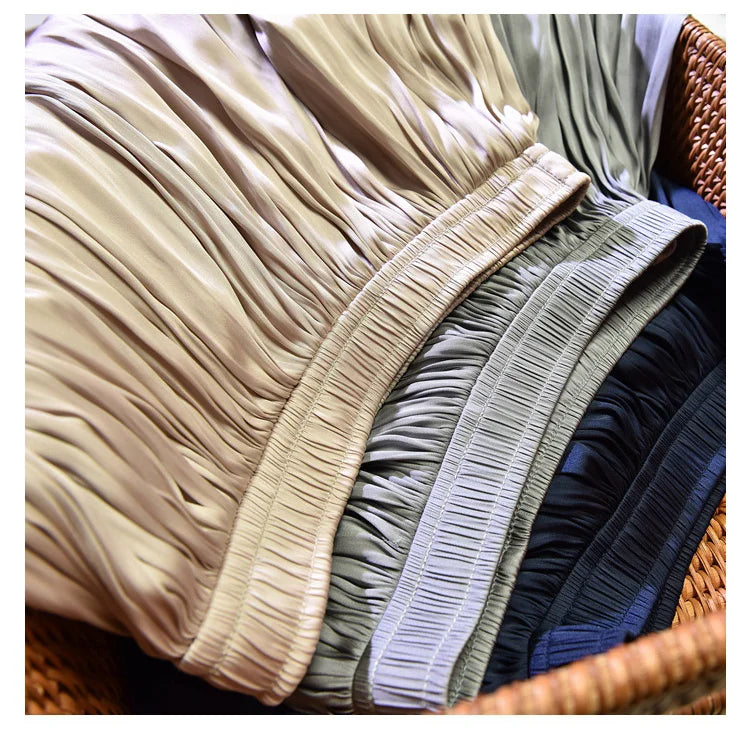 Summer Silky Skirt Elastic High Waist Glossy Silky Long Skirt Milk Silk A-line Long Skirts Women Beach Pearlescent Dress
