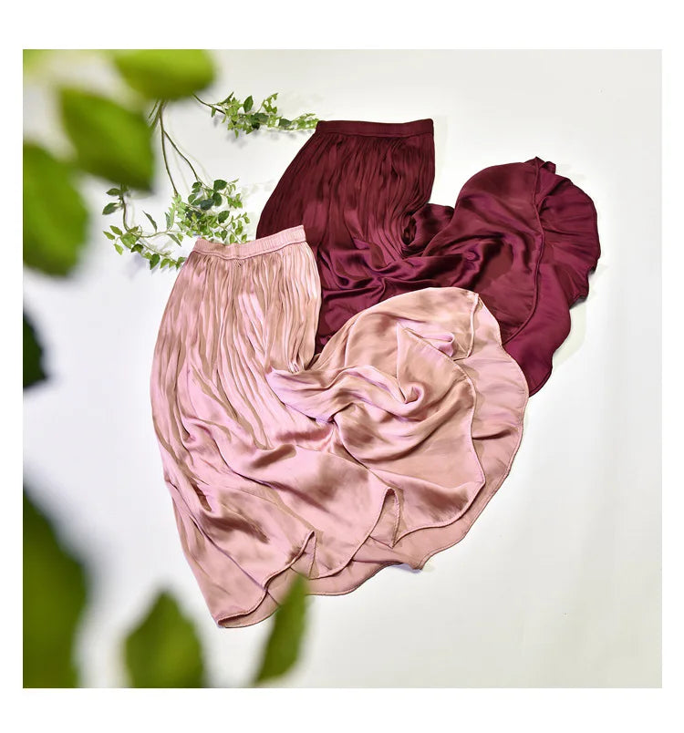Summer Silky Skirt Elastic High Waist Glossy Silky Long Skirt Milk Silk A-line Long Skirts Women Beach Pearlescent Dress
