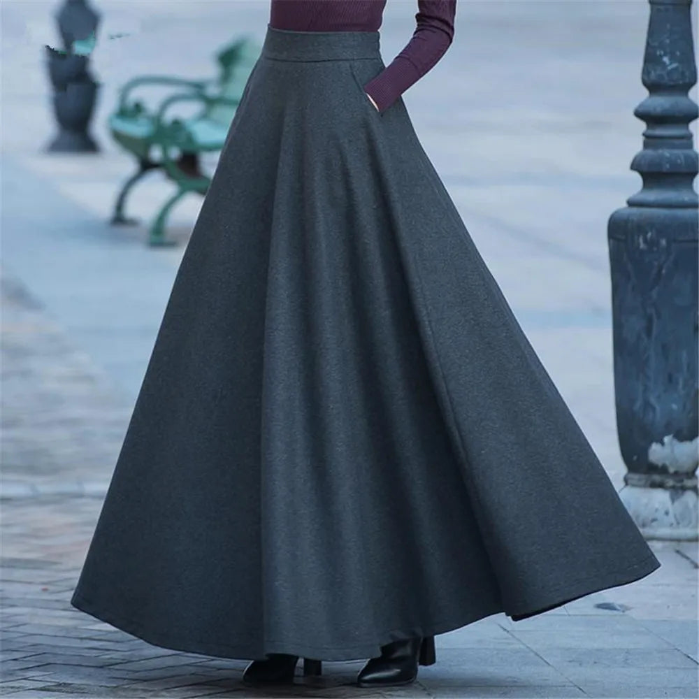 FairyShely 2025 Autumn Winter Retro High Waist Pleated Skirt Women Casual Pocket Woolen Maxi Skirt female Flare Red Long skirt