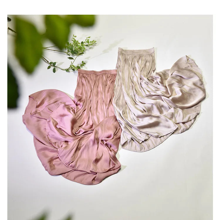 Summer Silky Skirt Elastic High Waist Glossy Silky Long Skirt Milk Silk A-line Long Skirts Women Beach Pearlescent Dress
