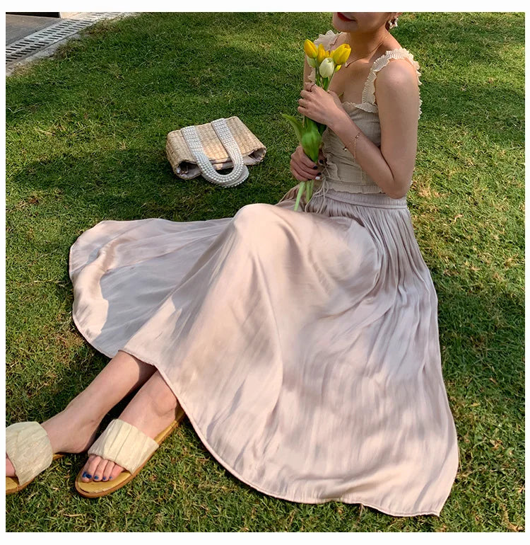 Summer Silky Skirt Elastic High Waist Glossy Silky Long Skirt Milk Silk A-line Long Skirts Women Beach Pearlescent Dress