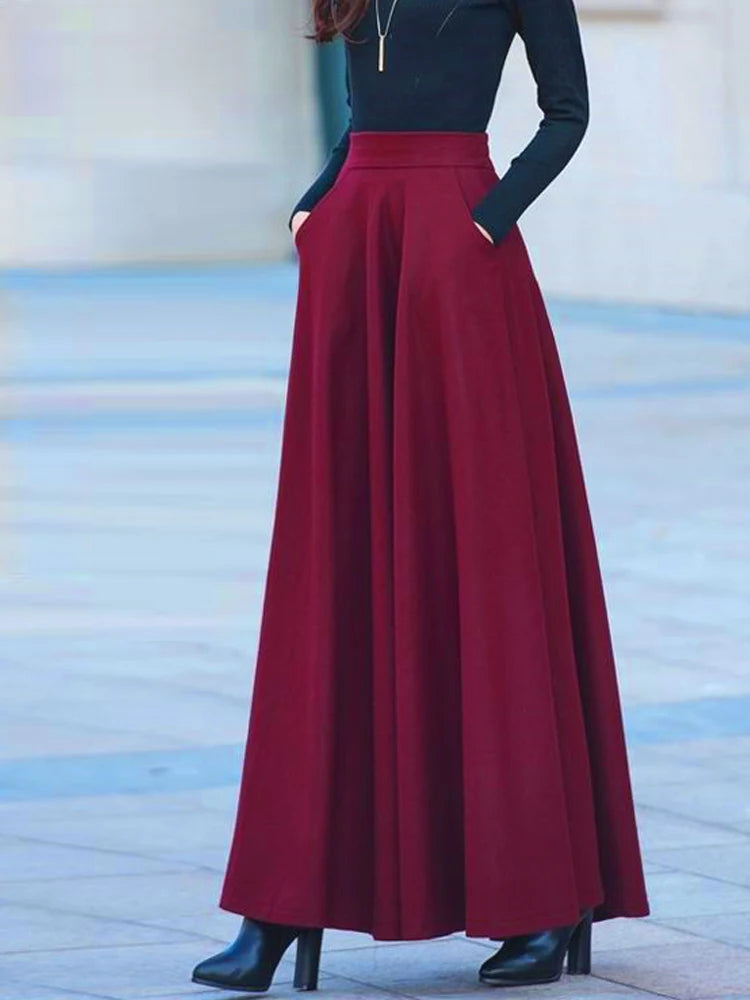 FairyShely 2025 Autumn Winter Retro High Waist Pleated Skirt Women Casual Pocket Woolen Maxi Skirt female Flare Red Long skirt