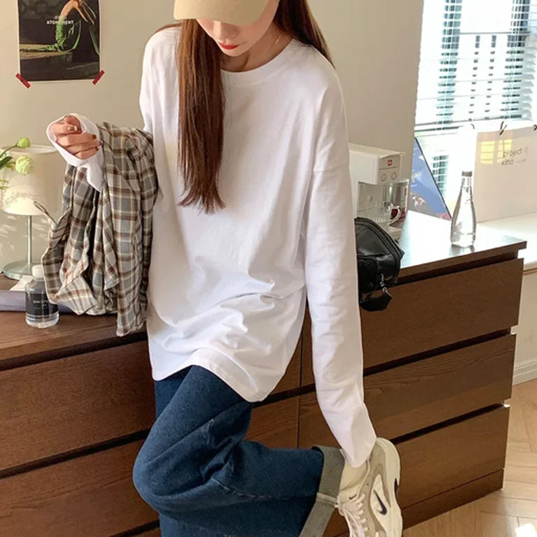 White Pure Color Women T-shirt Student Early Autumn Long Sleeve Tank Top Casual Style Polyester Fabric Comfortable Slim Fit