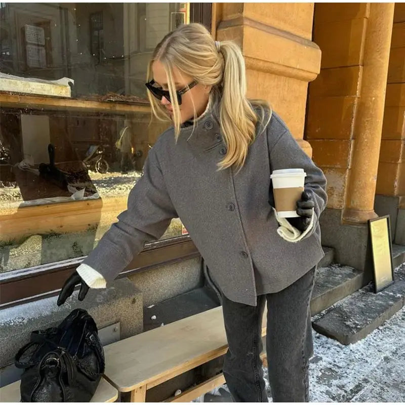 Fashion Women's Stand Collar Woolen Coats Long Sleeve Loose Female Short Coat 2025 Autumn Winter Office Lady Street Jacket