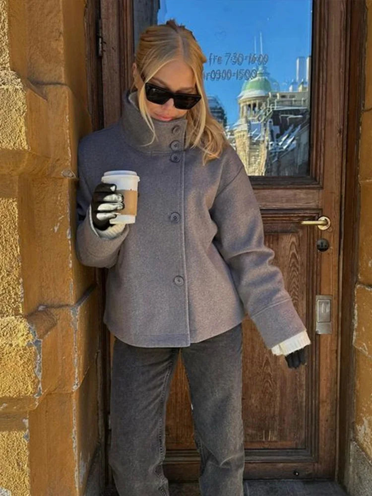 Fashion Women's Stand Collar Woolen Coats Long Sleeve Loose Female Short Coat 2025 Autumn Winter Office Lady Street Jacket