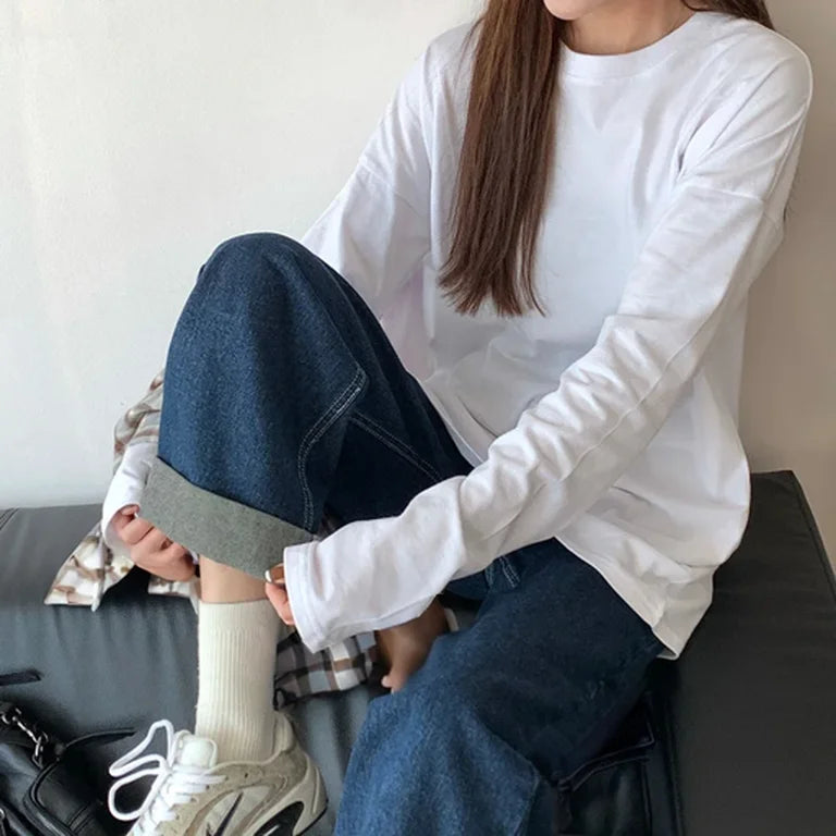 White Pure Color Women T-shirt Student Early Autumn Long Sleeve Tank Top Casual Style Polyester Fabric Comfortable Slim Fit