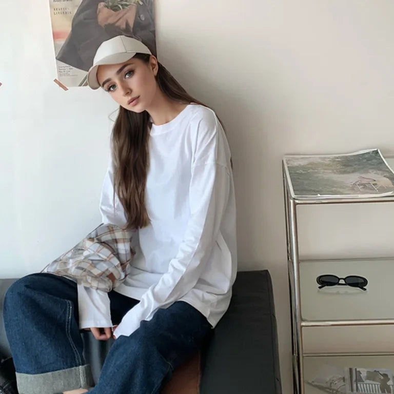 White Pure Color Women T-shirt Student Early Autumn Long Sleeve Tank Top Casual Style Polyester Fabric Comfortable Slim Fit