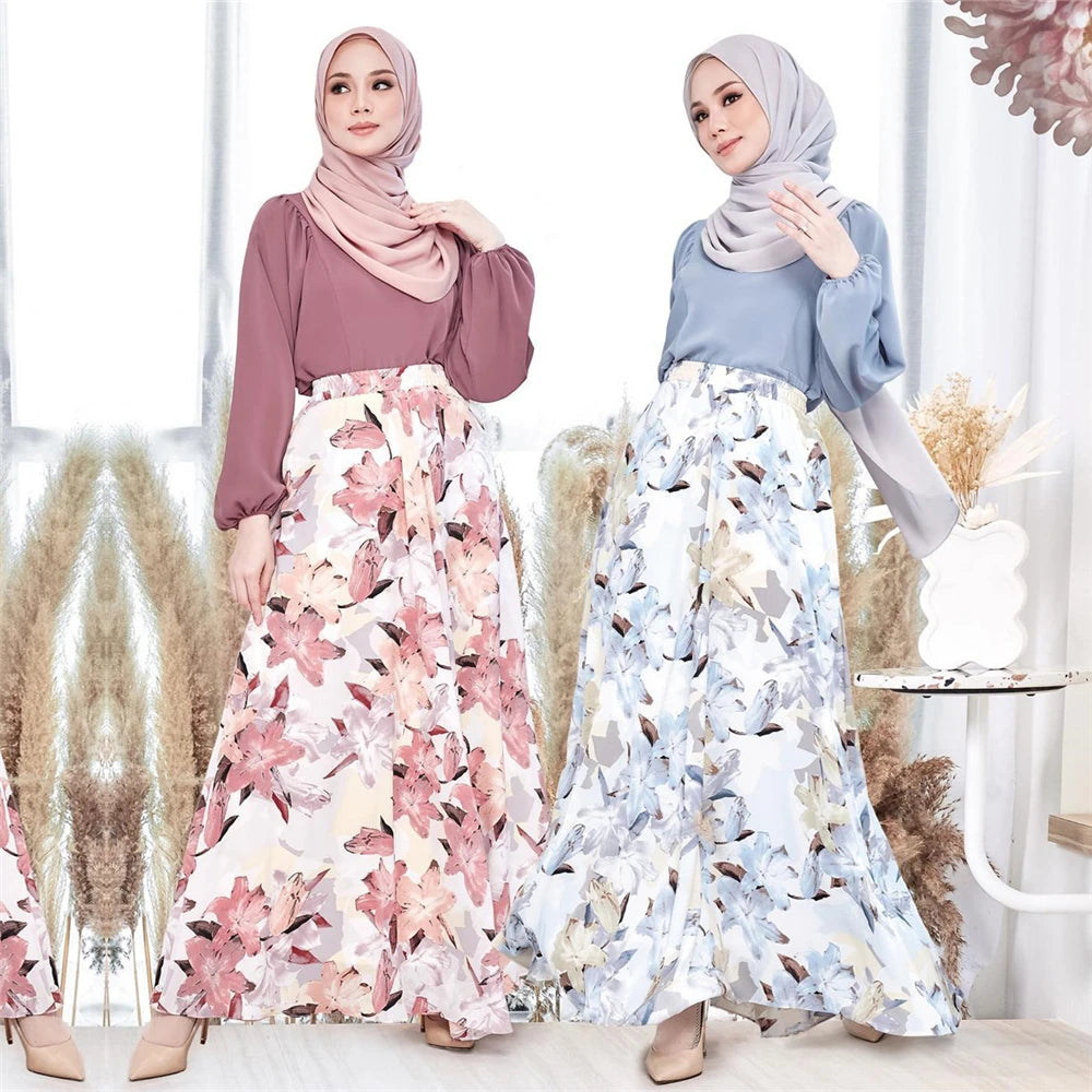 Elegant Muslim Women Floral Print High Waist A-line Skirt Turkey Arab Long Maxi Dress Medium Length Dubai Islamic Skirt Clothing