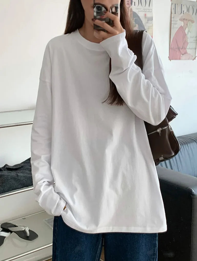 White Pure Color Women T-shirt Student Early Autumn Long Sleeve Tank Top Casual Style Polyester Fabric Comfortable Slim Fit