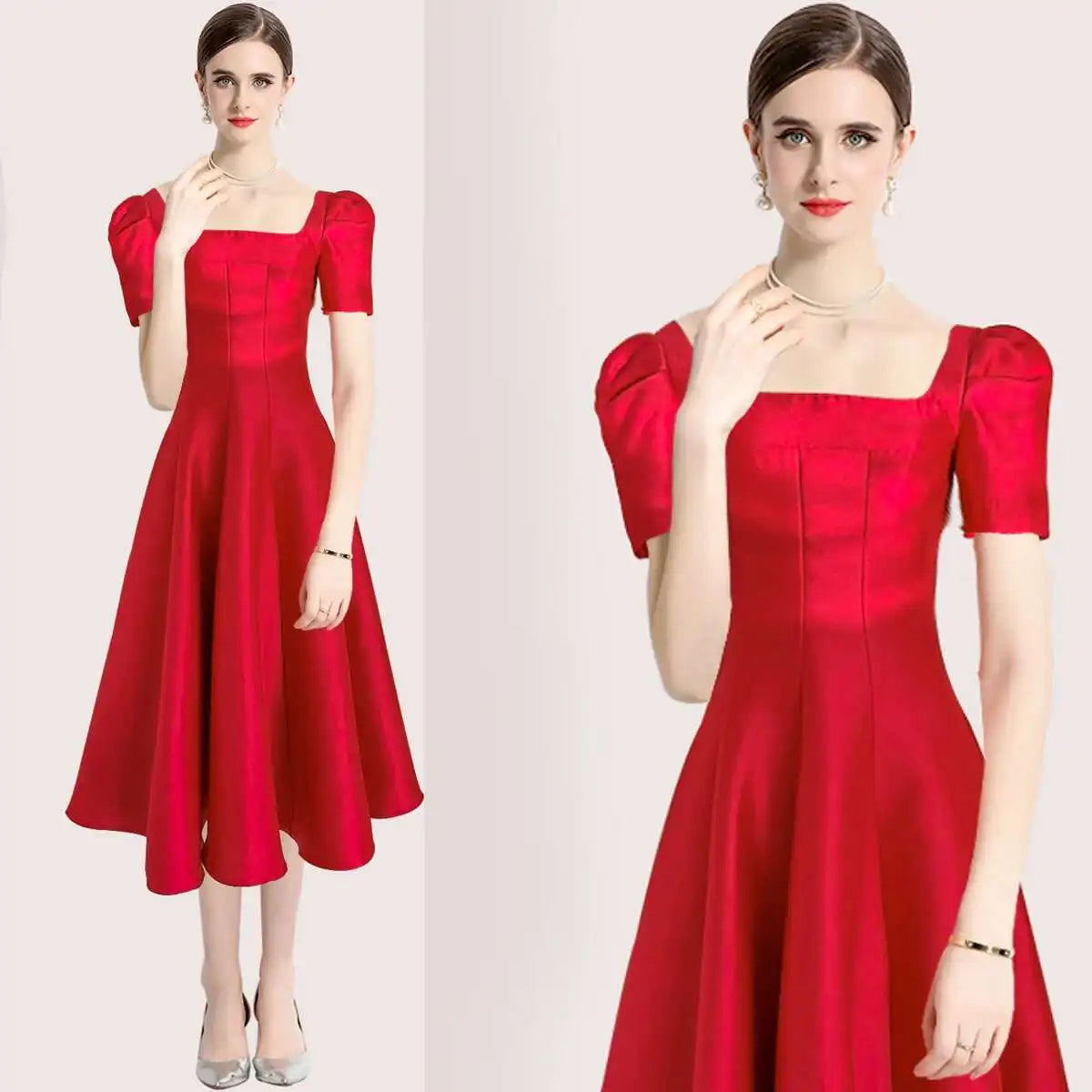 JAMERARY Summer Women Dress Long French Hepburn Style Fashion Party Elegant Square Collar Short Sleeve Midi Vestidos Party Robe