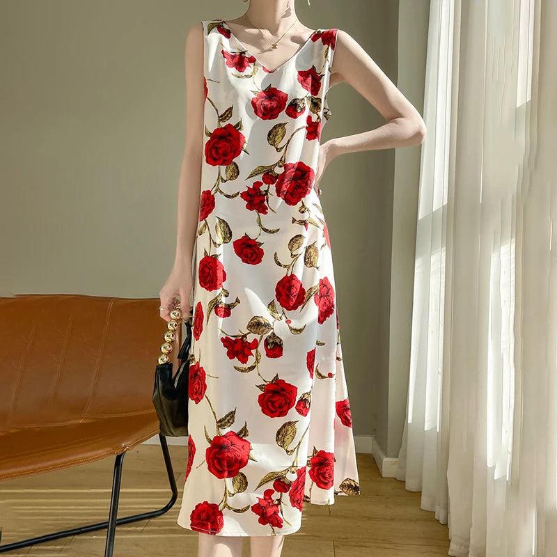 Summer new French silk vest dress for women, acetate satin V-neck light mature fashion floral A-line mid length skirt