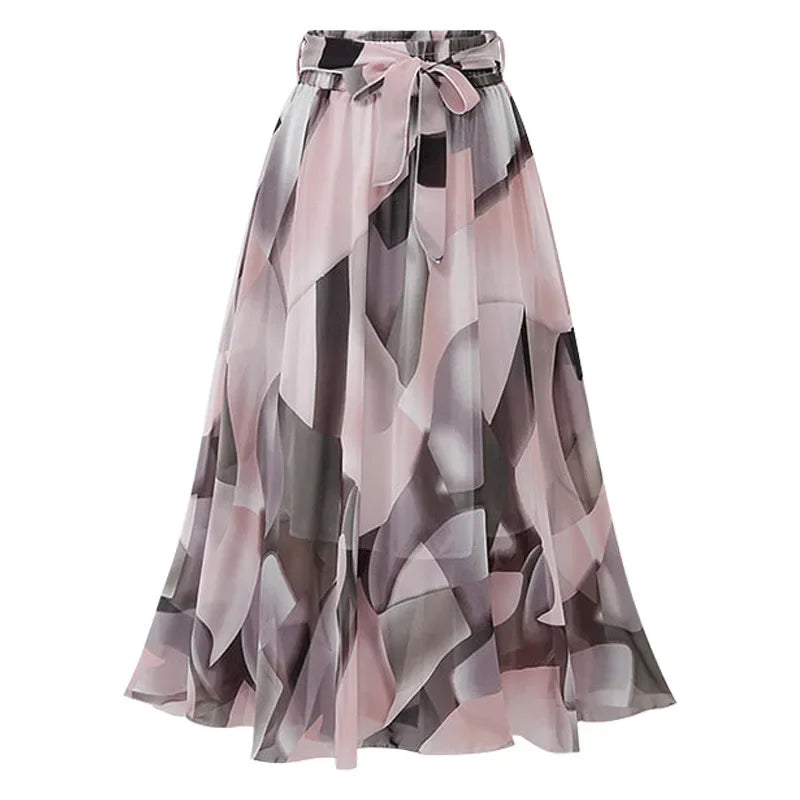 Women Chiffon Half-body Skirt,Female Summer Section of The Medium-length Floral Skirts High-waisted A-line Yarn Skirt Asian Size