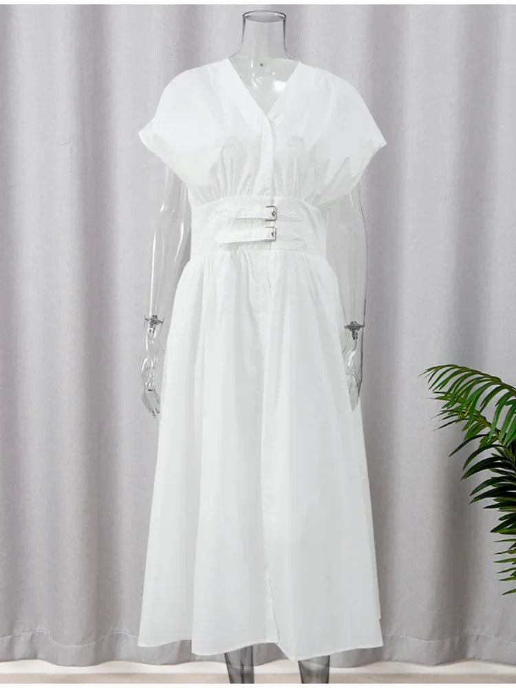 Fashion White Party Long Dress 2024 Women Elegant Pleated Waist Belt Flying Sleeve Office Robe New Lady Street Dresses