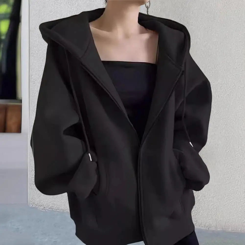 Autumn Winter Warm Long Gray/Black Jacket With Hood Long Sleeve Big Pocket Zipper Jacket Coat Women Casual Outerwear Coat Tops