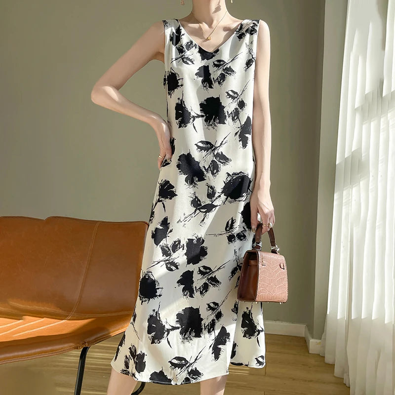 Summer new French silk vest dress for women, acetate satin V-neck light mature fashion floral A-line mid length skirt