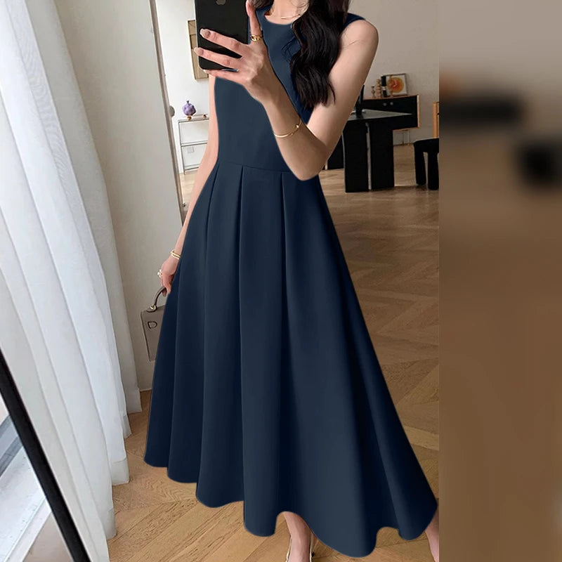 ZANZEA Women Sleeveless Pleated Dress 2024 Summer Korean A-line Tank Evening Dress Elegant Swing Vestido Vintage Party Long Robe