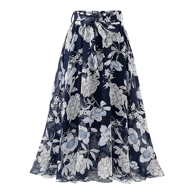 Women Chiffon Half-body Skirt,Female Summer Section of The Medium-length Floral Skirts High-waisted A-line Yarn Skirt Asian Size