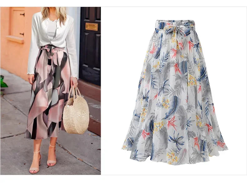 Women Chiffon Half-body Skirt,Female Summer Section of The Medium-length Floral Skirts High-waisted A-line Yarn Skirt Asian Size
