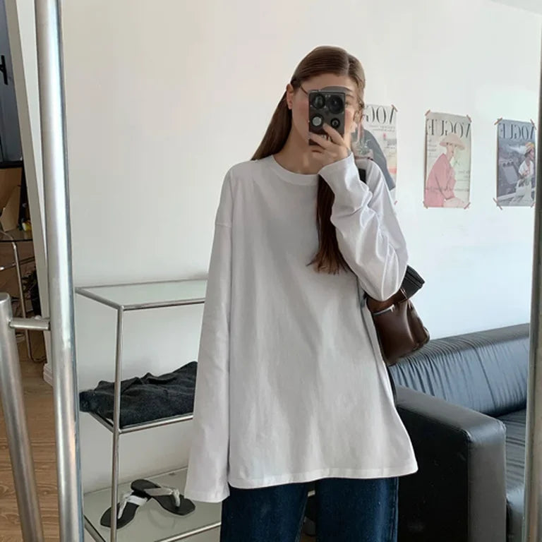 White Pure Color Women T-shirt Student Early Autumn Long Sleeve Tank Top Casual Style Polyester Fabric Comfortable Slim Fit
