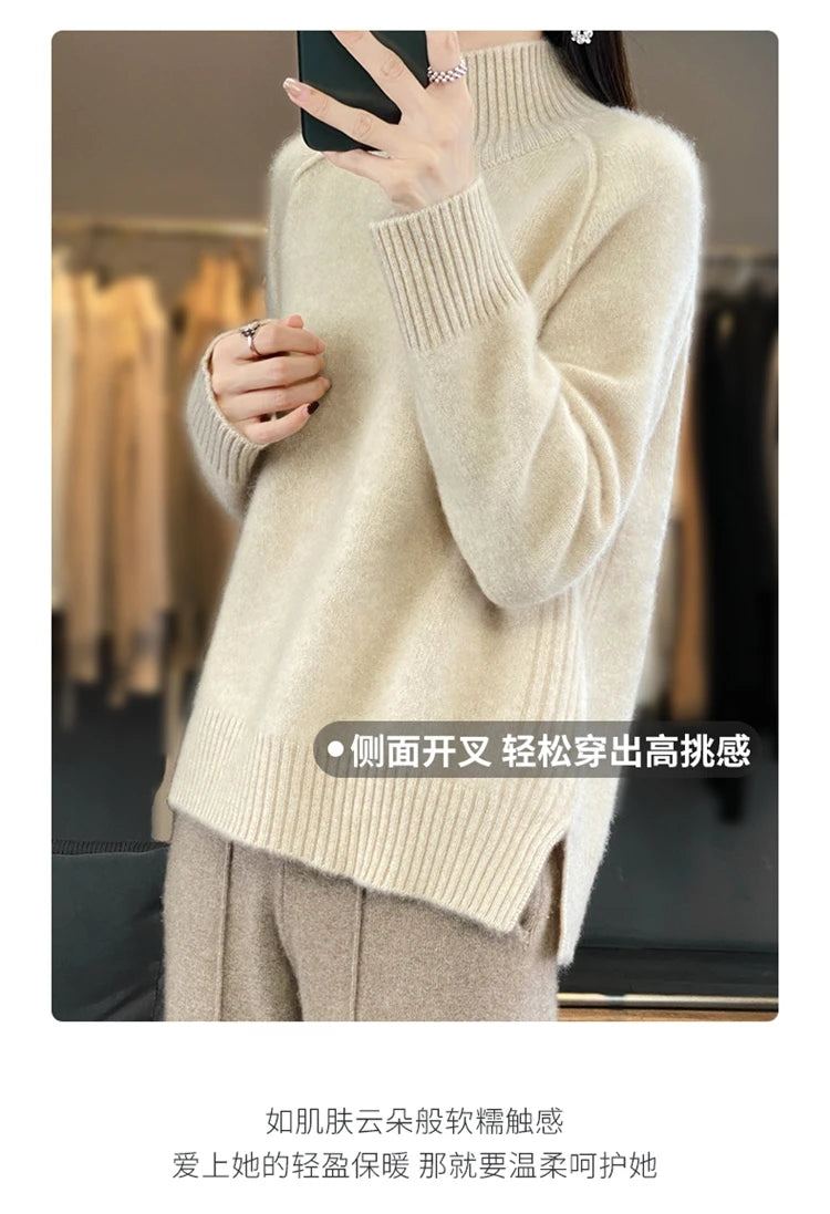 Women's High-Necked Cashmere Sweater 100% Soft Wool Thickened Lazy Raglan Sweater with Slit for Autumn Winter Comfortable Waxy W