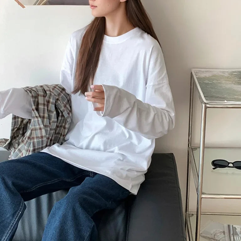 White Pure Color Women T-shirt Student Early Autumn Long Sleeve Tank Top Casual Style Polyester Fabric Comfortable Slim Fit