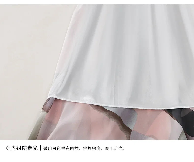 Women Chiffon Half-body Skirt,Female Summer Section of The Medium-length Floral Skirts High-waisted A-line Yarn Skirt Asian Size