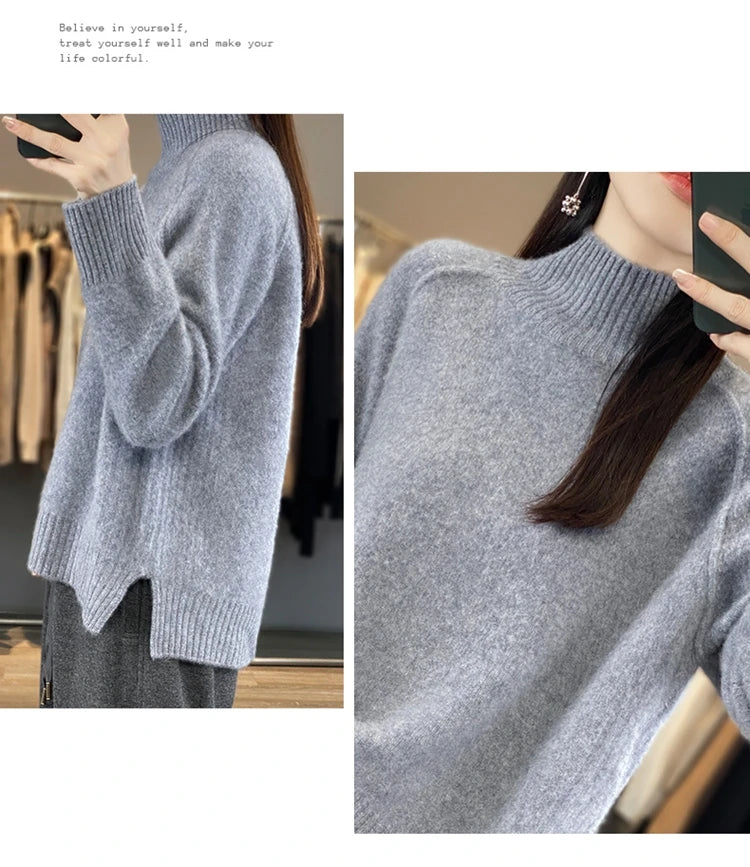 Women's High-Necked Cashmere Sweater 100% Soft Wool Thickened Lazy Raglan Sweater with Slit for Autumn Winter Comfortable Waxy W
