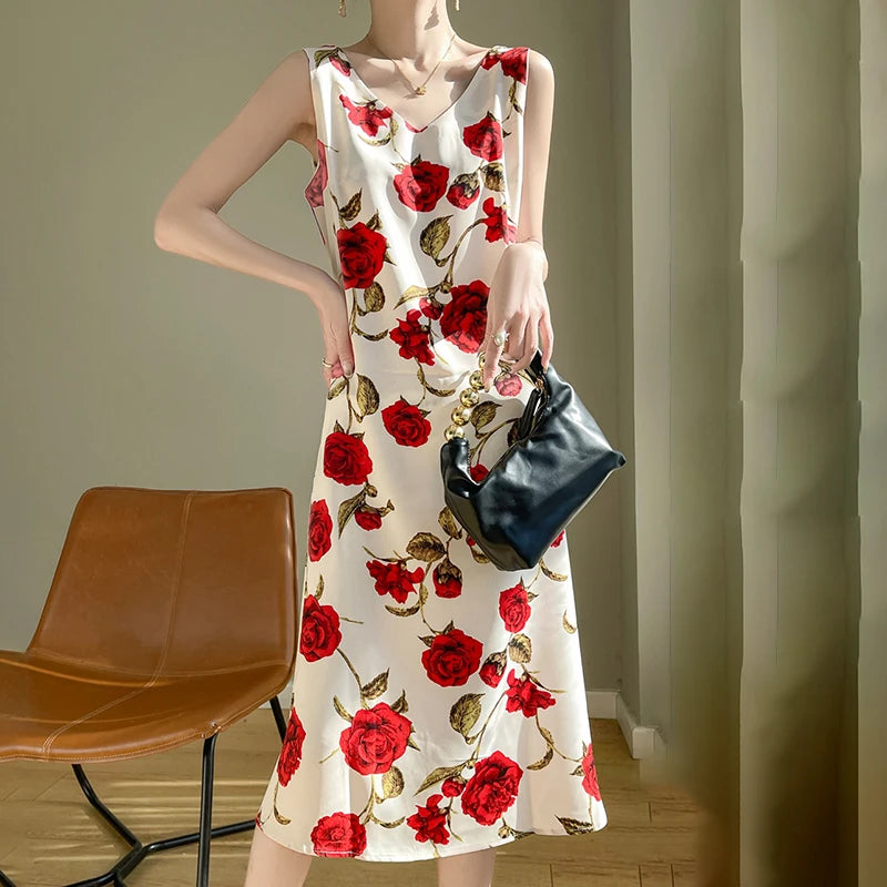 Summer new French silk vest dress for women, acetate satin V-neck light mature fashion floral A-line mid length skirt