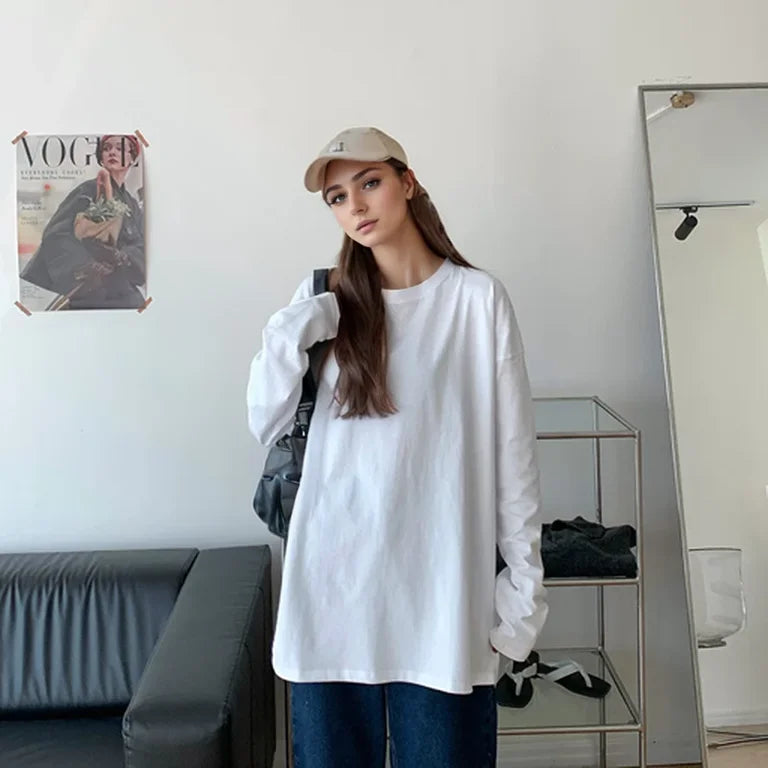 White Pure Color Women T-shirt Student Early Autumn Long Sleeve Tank Top Casual Style Polyester Fabric Comfortable Slim Fit