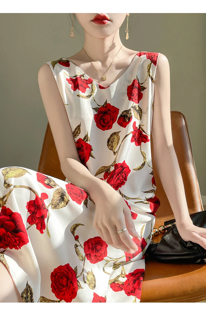 Summer new French silk vest dress for women, acetate satin V-neck light mature fashion floral A-line mid length skirt
