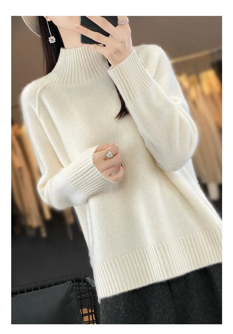 Women's High-Necked Cashmere Sweater 100% Soft Wool Thickened Lazy Raglan Sweater with Slit for Autumn Winter Comfortable Waxy W