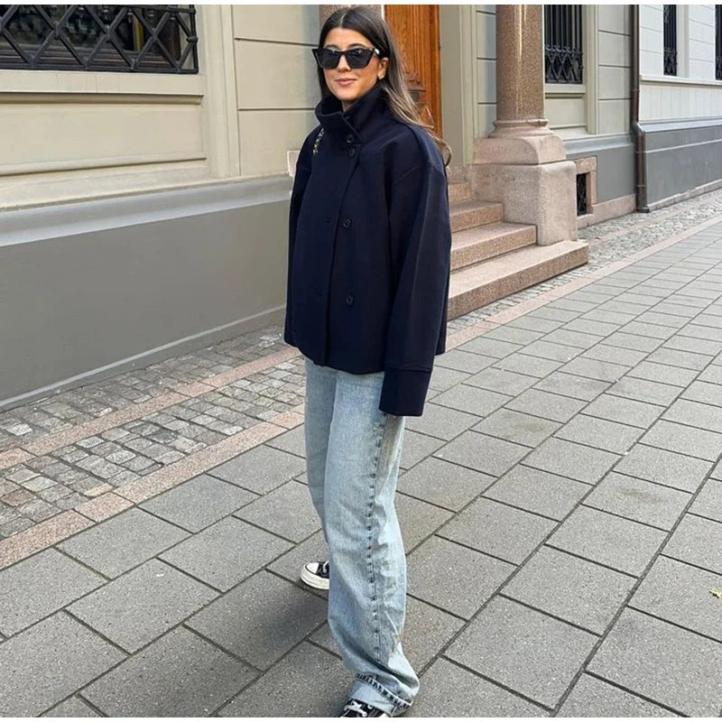 Fashion Women's Stand Collar Woolen Coats Long Sleeve Loose Female Short Coat 2025 Autumn Winter Office Lady Street Jacket