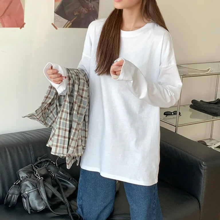 White Pure Color Women T-shirt Student Early Autumn Long Sleeve Tank Top Casual Style Polyester Fabric Comfortable Slim Fit